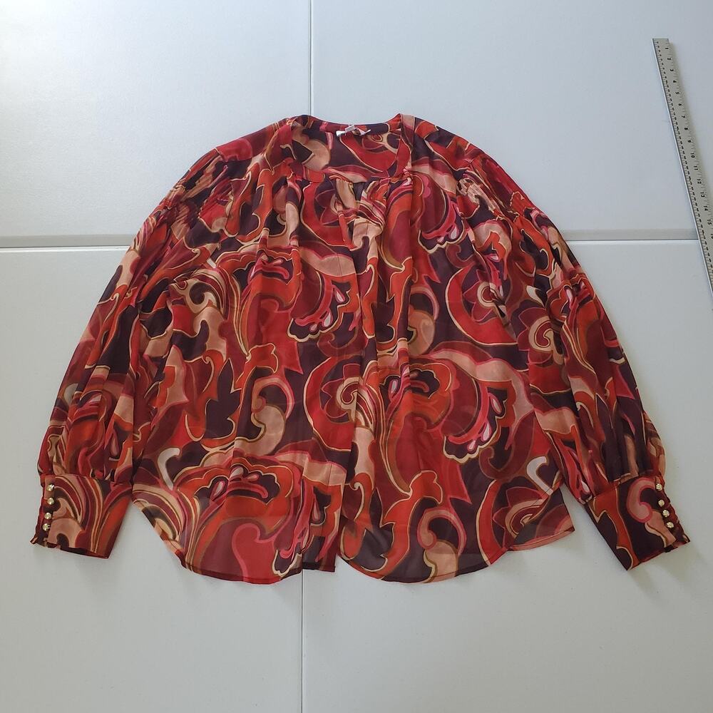 Chico's Shirt Womens 20 Red Multicolor Sheer Long Sleeve Button Cuff Boho Blouse